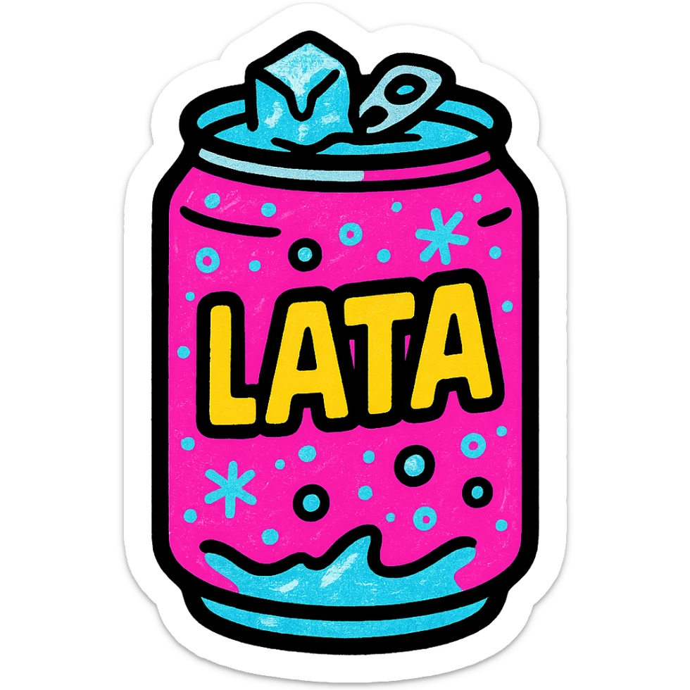 a stylized pink soda can with 'Lata' text, icy and refreshing, playful design sticker