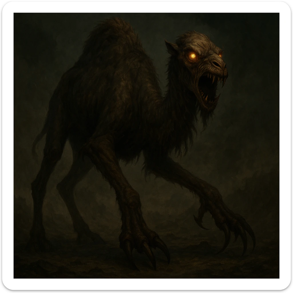 a scary camel monster with glowing eyes and claws, menacing, fantasy art sticker