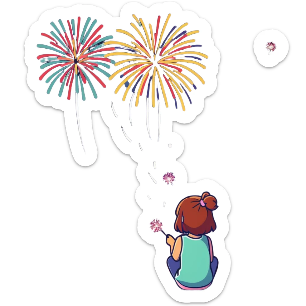 Amethy 14 2 fireworks (Red girl watching the fireworks in storybook village) sticker