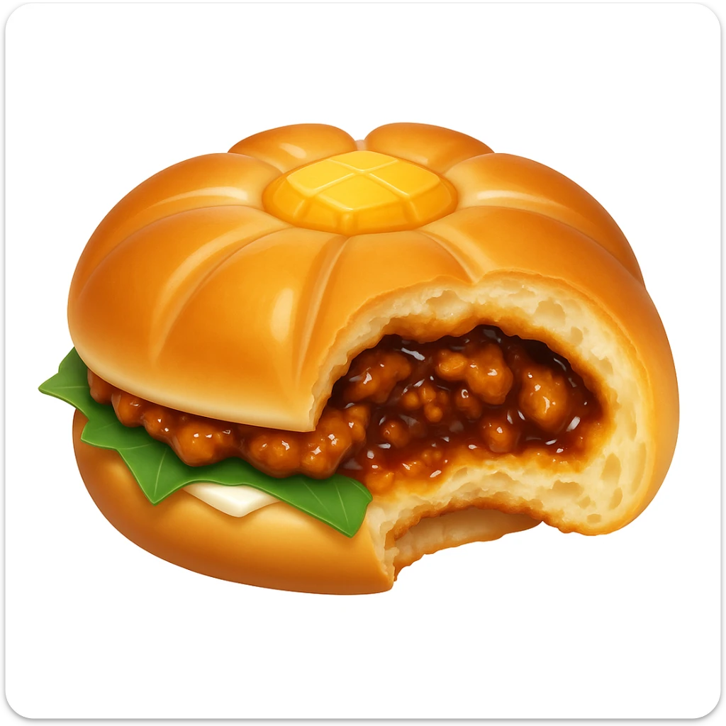 Edit the pineapple roast pork bun emoji to look bitten out, showing the filling inside. Use the reference photo for the bitten look and filling details. Maintain the emoji style appearance in the edit. sticker
