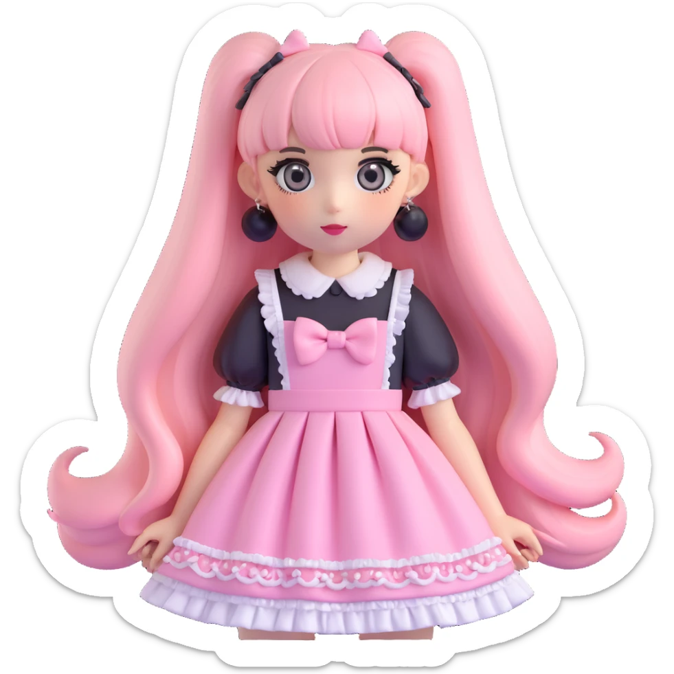 pale girl with straight long black and baby pink swirled hair with bangs, grey eyes, doll-like makeup, wearing a light pink lolita hime gyaru dress, 3D emoji style sticker