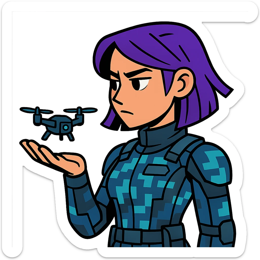 young woman with purple hair in a digital-patterned tactical suit, holding a small drone in her palm, analytical expression sticker