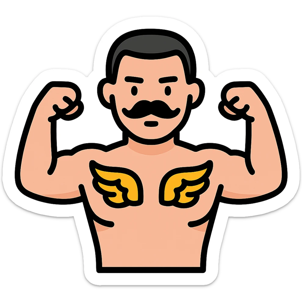 pumped up white male, buzz cut black hair, handlebar mustache black, two wings tattooed on his chest sticker