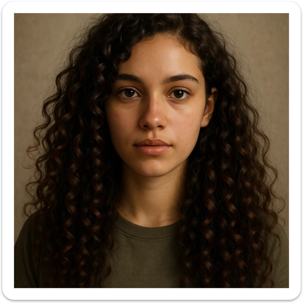 portrait of a girl with long curly brown hair type 3a and dark brown eyes, digital realistic style sticker