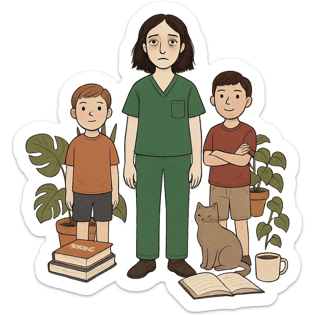 Edit the image to add two boys. The woman should be wearing Kelly green scrubs, with longer and darker hair. She should be tall and medium build, with pale skin, gray eyes, and a tired expression. Surround her with house plants, a cat, and nursing and study items. Remove the background entirely. sticker