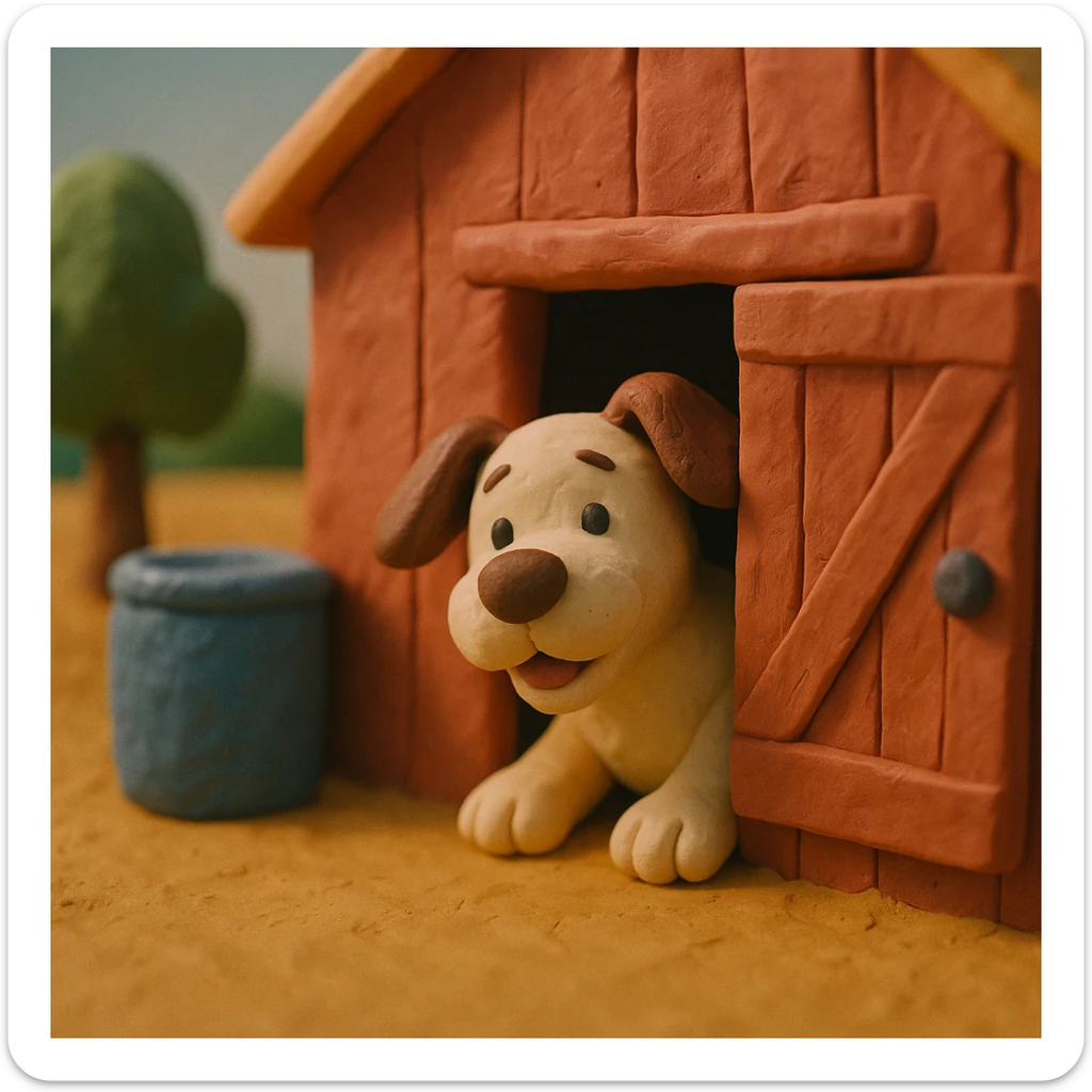 dog peeking out of a barn door, playful and cute, hand-molded details, claymation style sticker