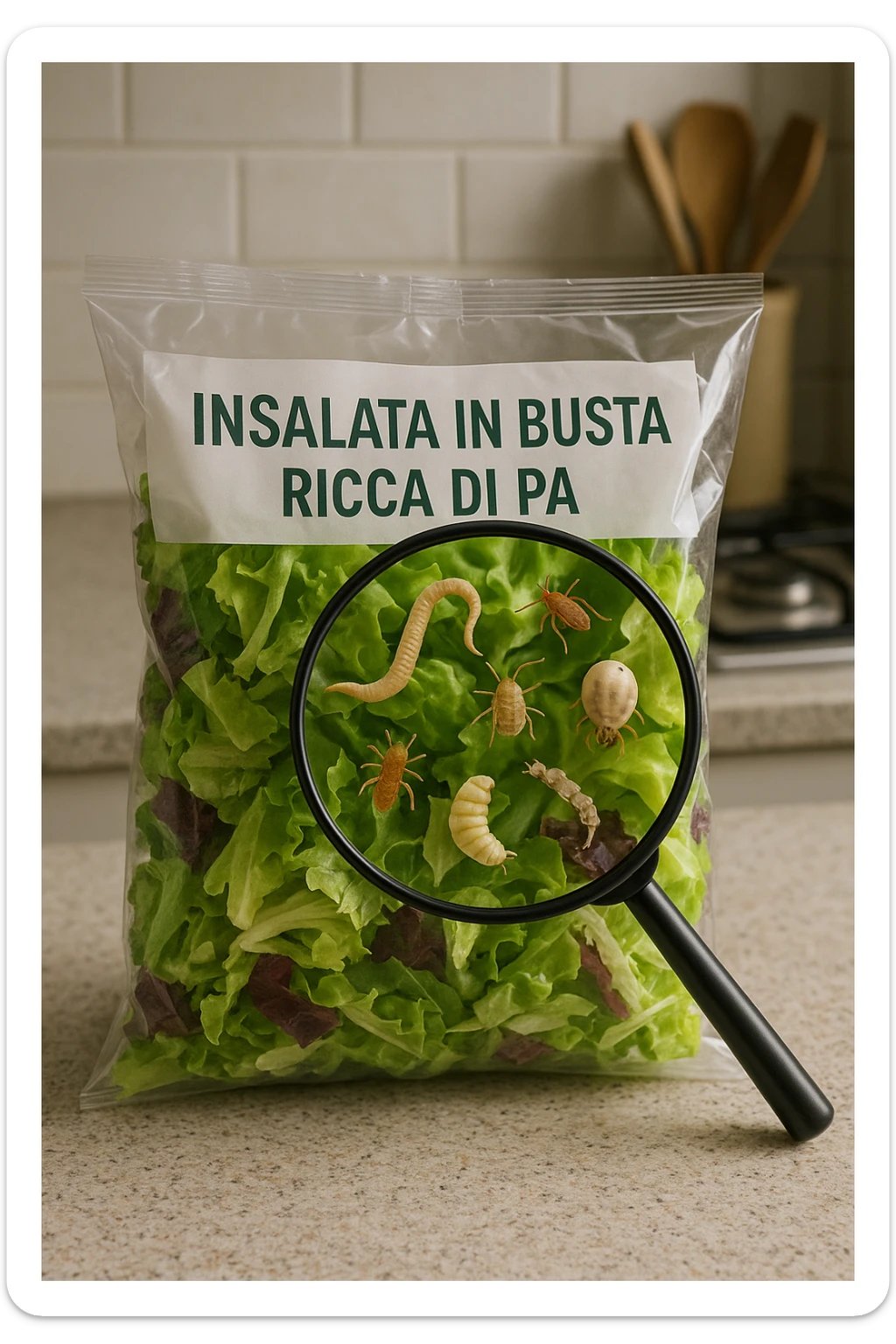 Insalata in busta ricca di pa transparent plastic bag of pre-washed salad sits on a kitchen counter. Through the bag, small, detailed images of various parasites (such as worms, larvae, or microscopic bugs) are visible among the lettuce leaves. A magnifying glass hovers over the bag, enlarging the parasites for emphasis. The mood is cautionary and educational.arassiti sticker