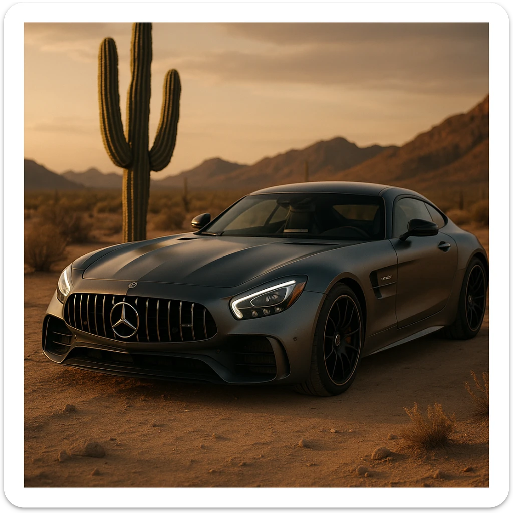 mercedes amg on desert next to cactus faun, cinematic sticker