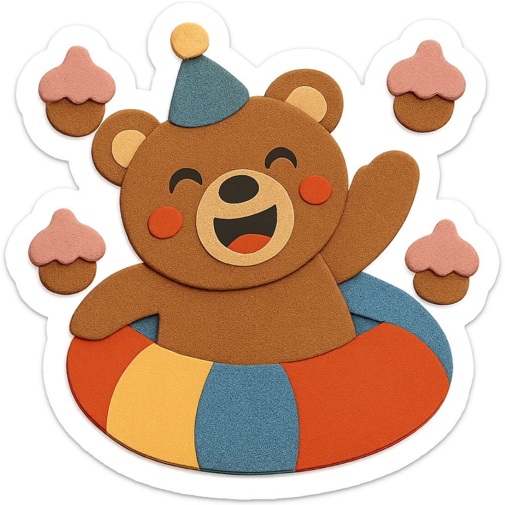 Move the cupcakes a bit farther away from the bear and arrange them in a visually appealing, well-balanced composition. Keep all other elements unchanged. sticker