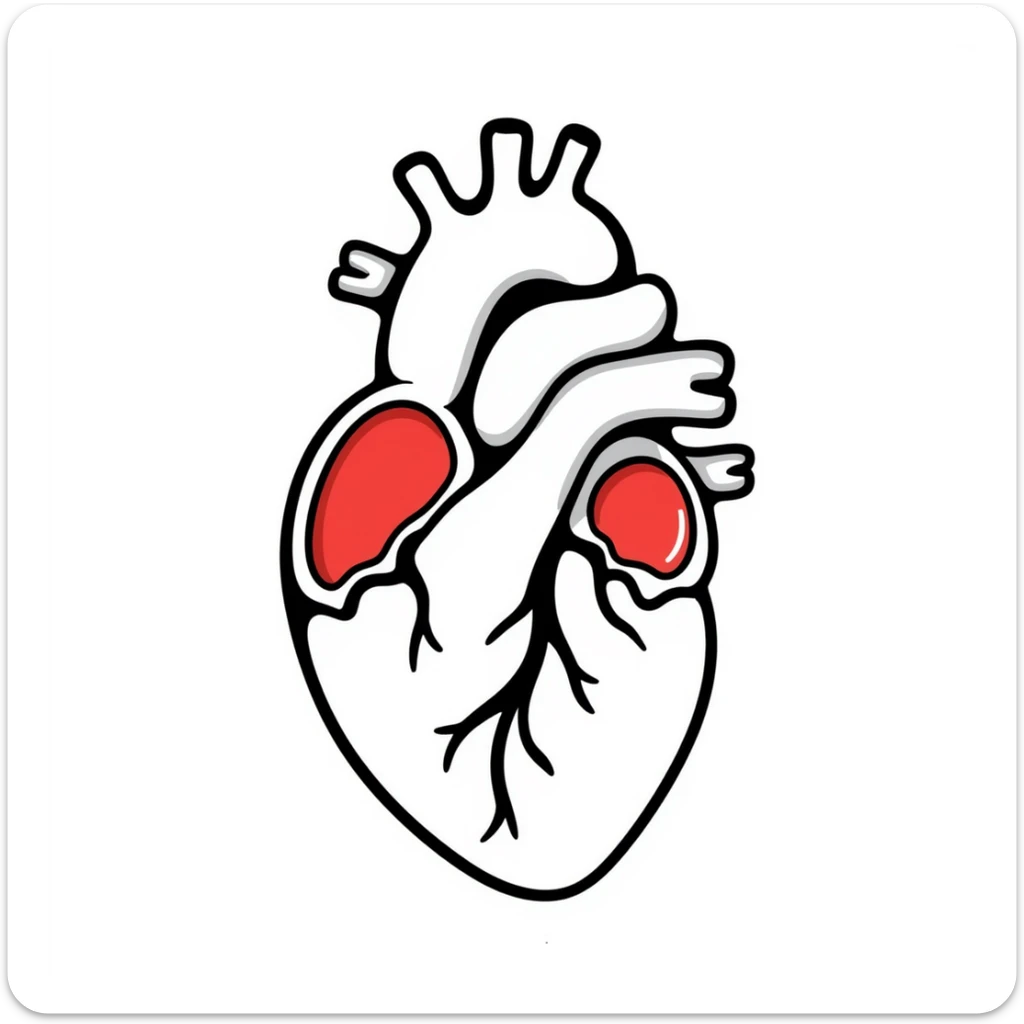 A hand-drawn anatomical heart with detailed chambers and arteries in medical diagram style, showing blue veins and red arteries, with clear internal structure, oxygenated blood in red and deoxygenated blood in blue sticker