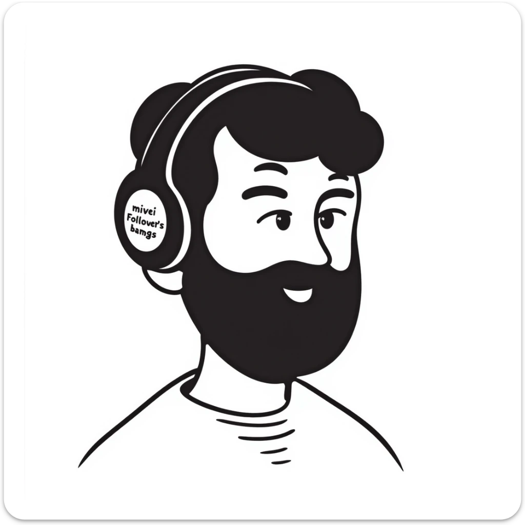 A person with black hair, brown eyes, black beard wearing a gaming headset "merci Followers" sticker