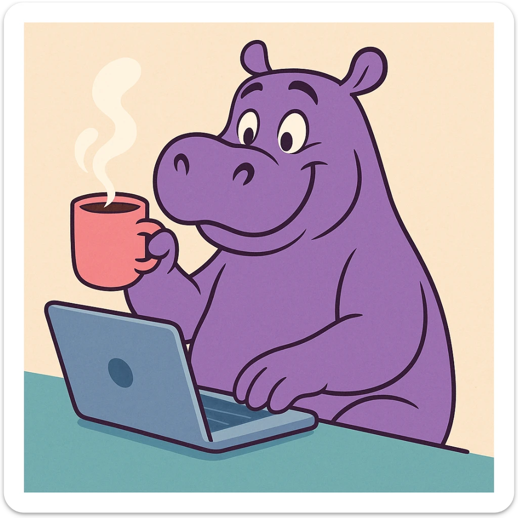 A cartoon hippo sitting at a laptop, drinking coffee, in the style of Disney animation. sticker