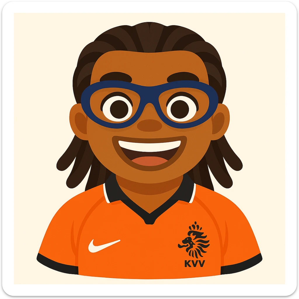 Turn this footballer into an emoji style image, keeping his signature dreadlocks, sports goggles, and orange football jersey. Simplify features for emoji style with an energetic expression. sticker