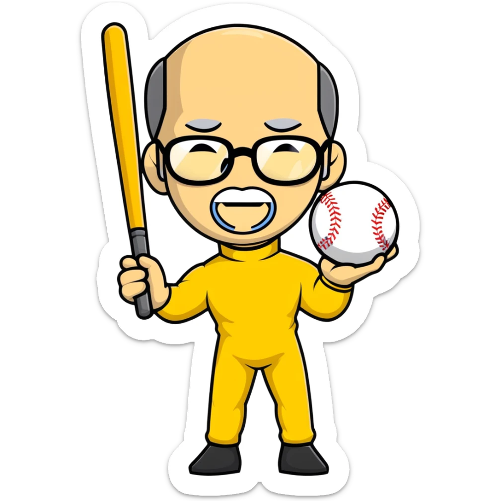 Steve Jobs with glasses and black turtleneck under Bruce Lee yellow jumpsuit, holding baseball bat and ball sticker