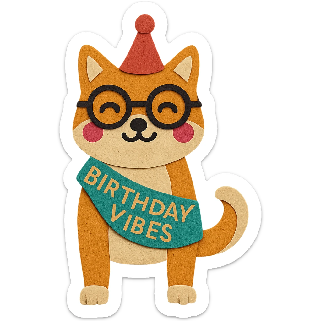 Make the Shiba Inu full body and adjust the sash so it looks well-shaped and natural. Keep the paper-craft style, glasses, party hat, and all other elements the same. sticker