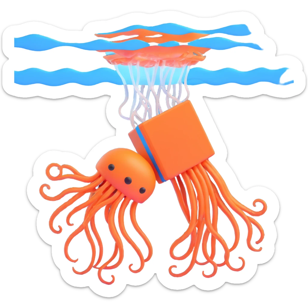 menacing box jellyfish with venomous tentacles close to a person swimming in blue water sticker