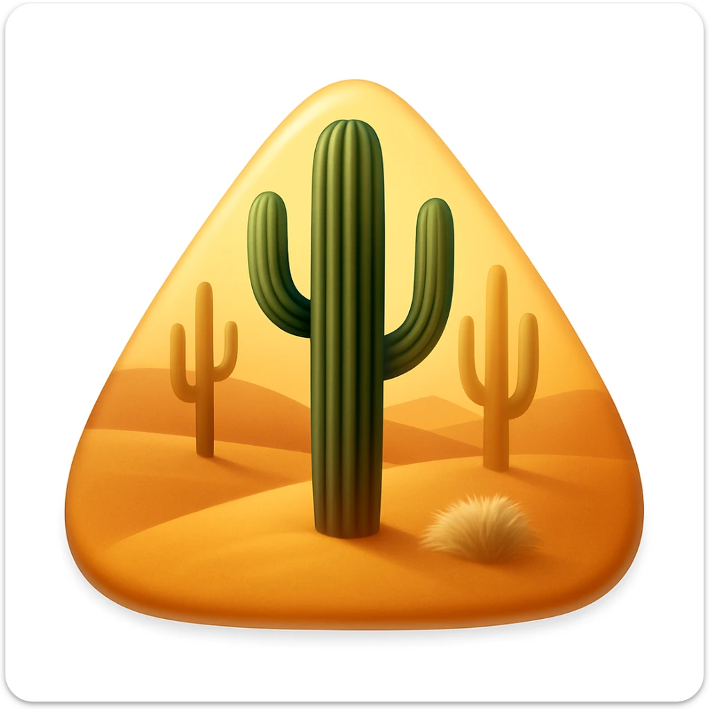 Create a desert emoji in the style of iOS emojis. The shape should be a sand mountain instead of a square, keeping the same cacti, sand, and colors. The sand mountain should be smooth and shiny with a soft shadow added. sticker