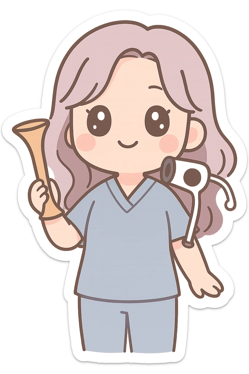A kawaii style girl with appearance and clothing as in the reference, holding an obstetric stethoscope in one hand, the other hand down, with a larger face. Detailed shadows and highlights, thin clean contours, soft rounded shapes, pastel palette #98B5BC, #B5B3C1, #C9A3C9, #E4C0CA, #F7DCD1, #F7C0AA, soft lighting, transparent background, no decorative elements. sticker