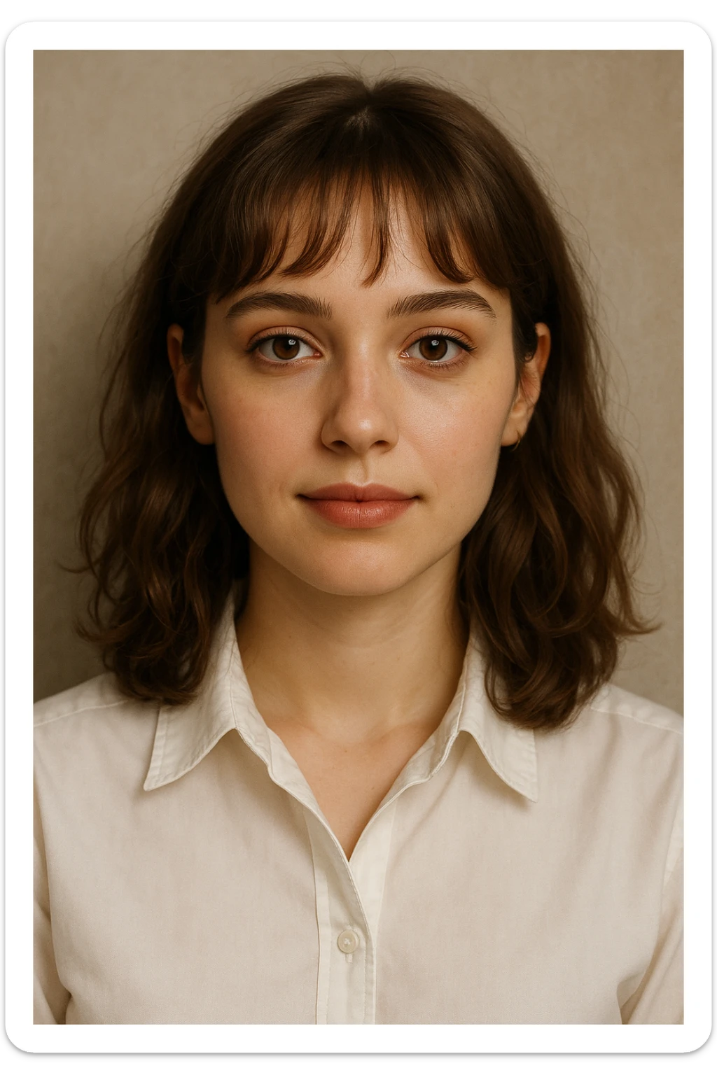 portrait of a 22-year-old young woman with brown eyes, light brown shoulder-length hair that is slightly curly and has bangs, wearing light makeup and a white dress shirt sticker