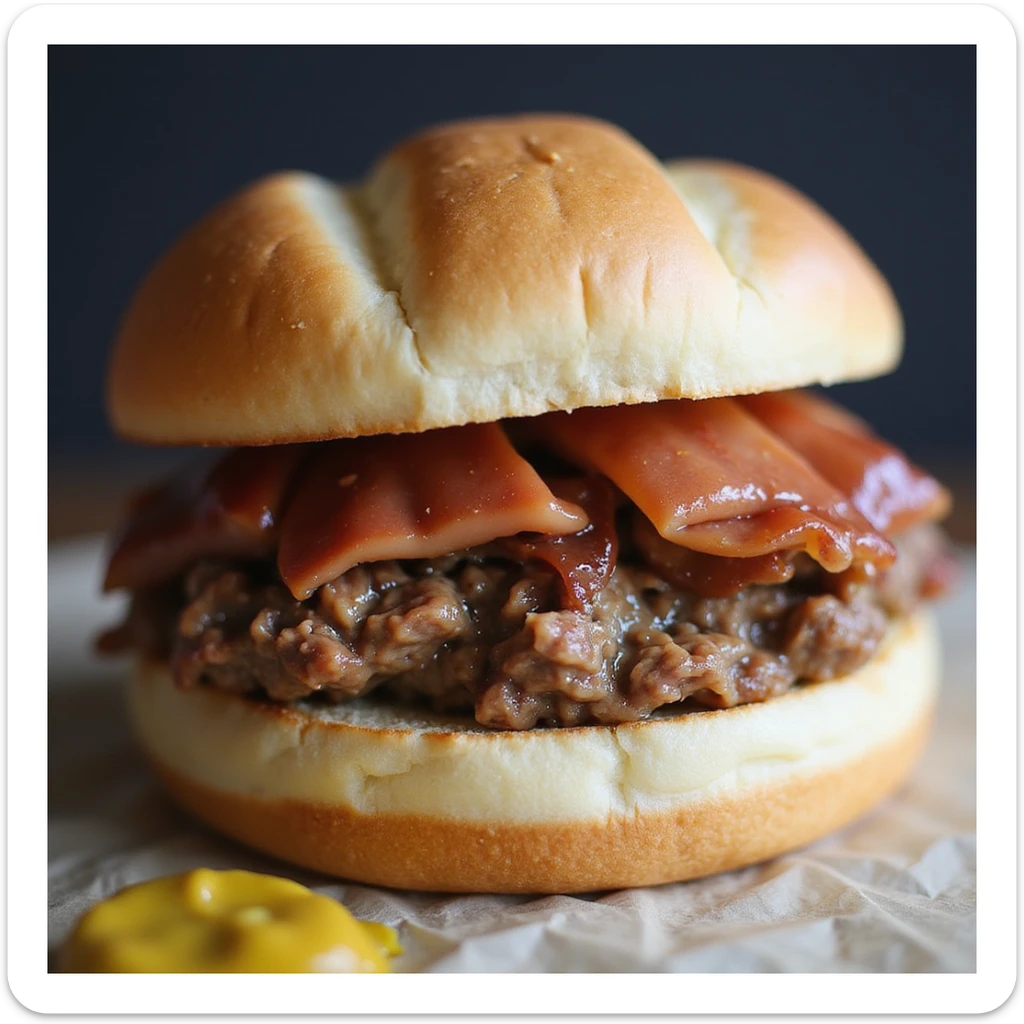 Close-up of a Leberkäse sandwich: thick, golden-brown meatloaf slice in a round, crusty, lightly floured white bun, with a small dollop of sweet Bavarian mustard on the side. Warm, inviting, and traditional. sticker