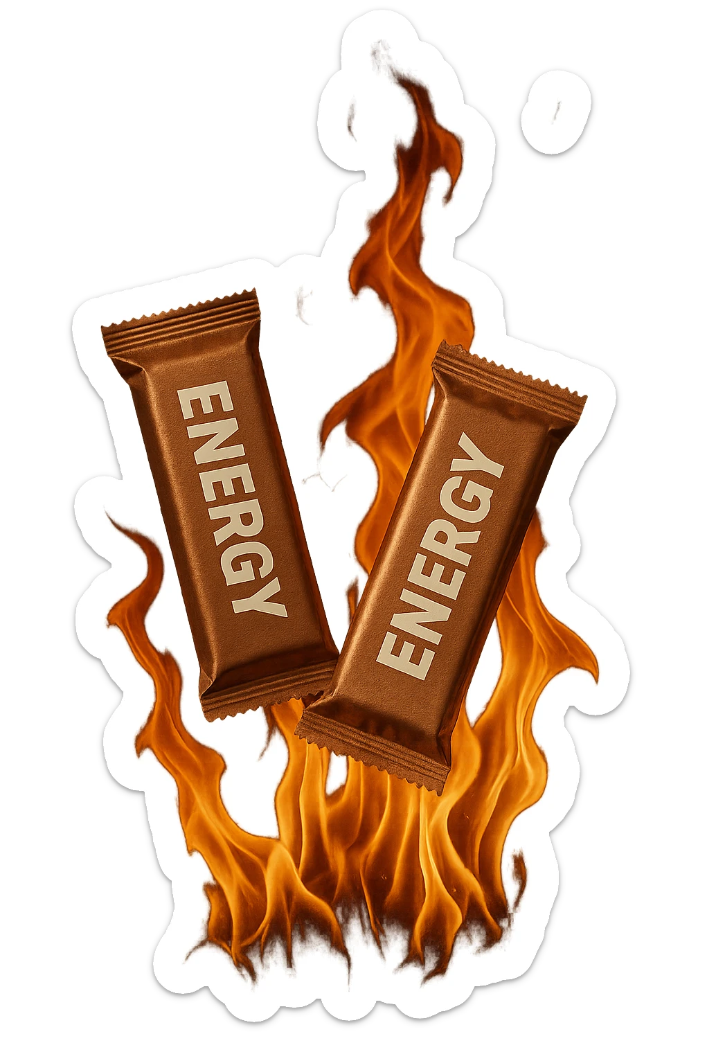 due barrette energetiche confezionate fluttuano in aria insieme ad una fiamma iperrealistici sticker