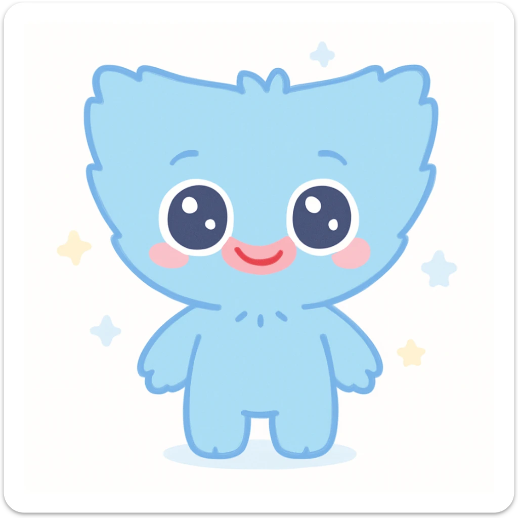 Huggy Wuggy character, blue furry monster with big eyes and wide smile, simple and cute, kawaii style sticker
