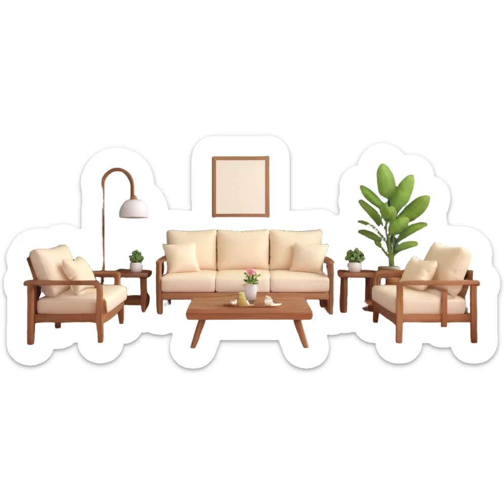 large open concept room with cream walls, wooden floor, cute decorative pillows, wooden furniture sticker