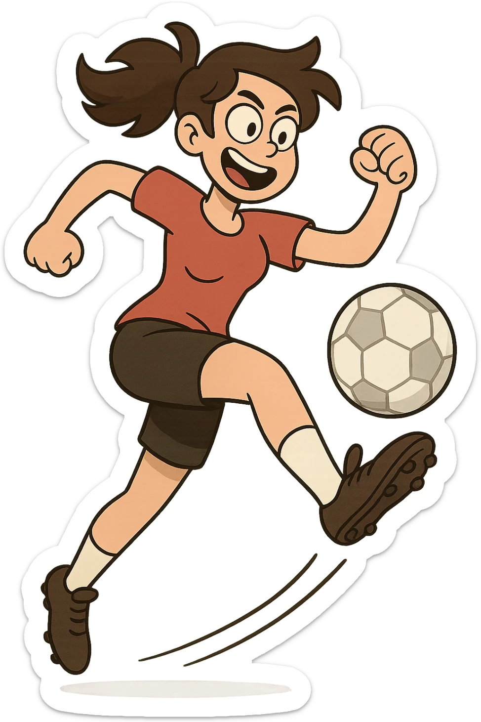woman playing soccer, wearing a red shirt, energetic pose, clear soccer ball, dynamic action, illustration sticker