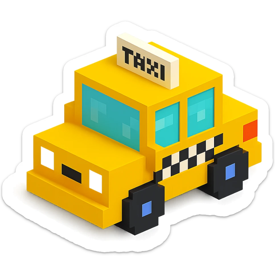 voxel-style yellow taxi cab, blocky wheels, isometric view sticker