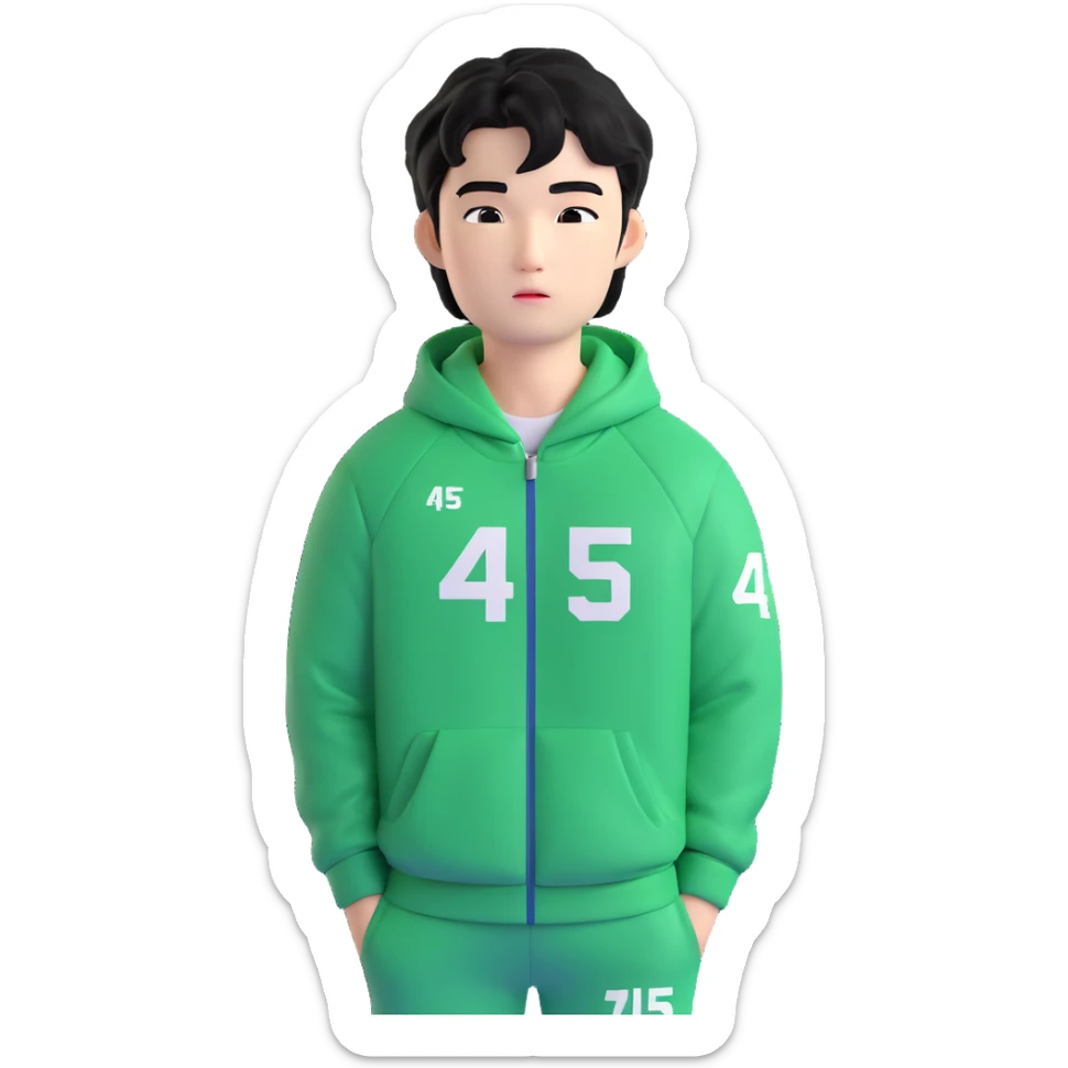 Draw Seong Gi-hun (Player 456), Korean male, messy black hair, green tracksuit with white number 456 printed on chest. sticker