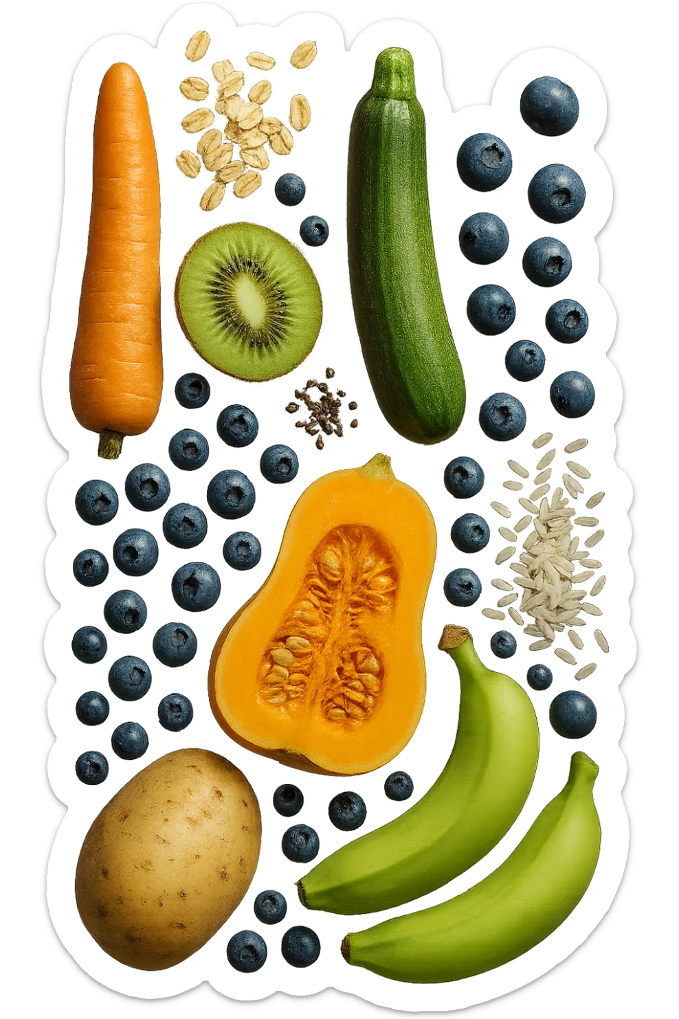 carota, fiocchi di avena, zucchine, kiwi, mirtilli, semi di chia, patate, banane acerbe, zucca, riso fluttuano in aria verticalmente, iperrealistici 4k sticker
