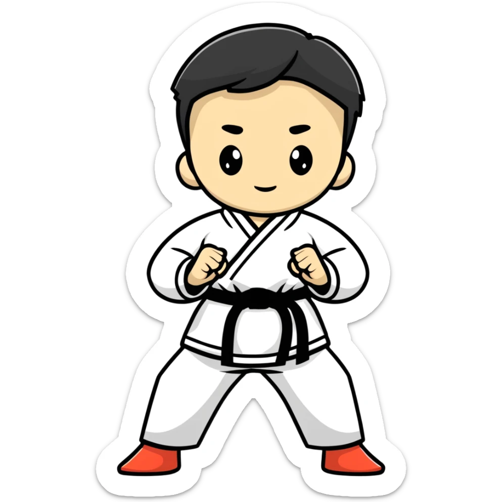 teenage boy or girl in a traditional Tae Kwon Do stance with a white dobok uniform sticker