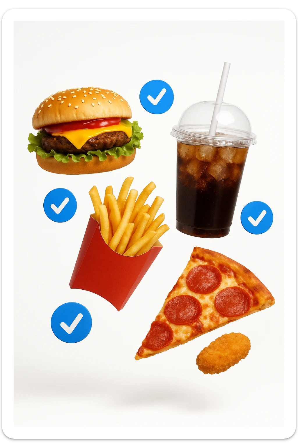 fast food realistico fluttua in aria insieme a spunte di verificato in 3d, sfondo bianco sticker