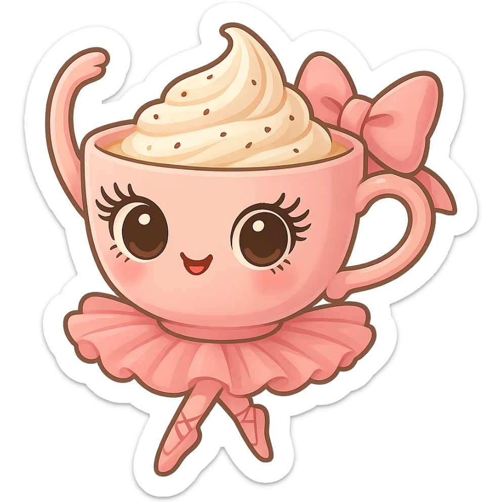 A pink teacup is dancing ballet. It has strange big eyes on it and a big pink bow on the handle. sticker