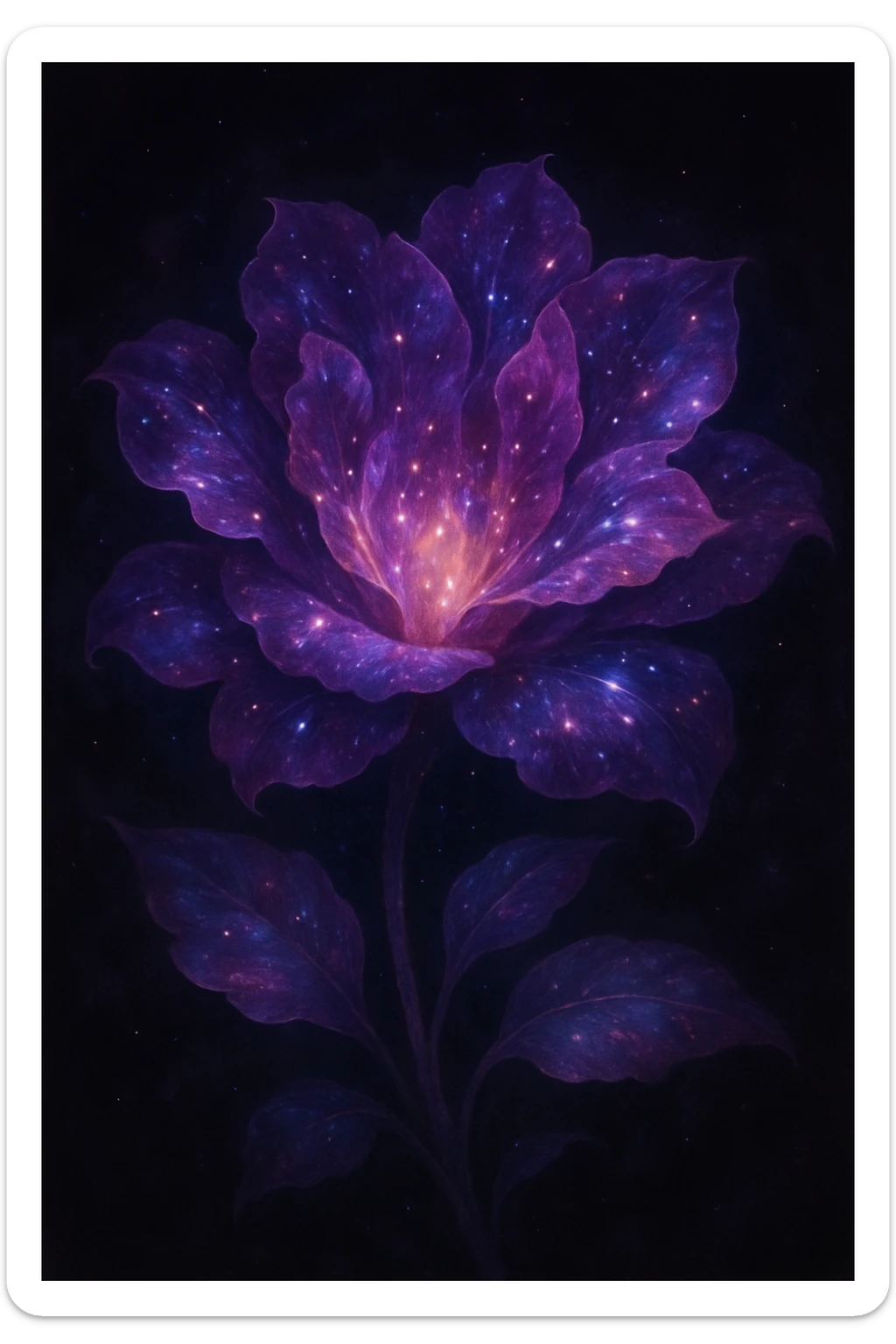 a stylized flower with swirling nebula colors, sparkling stars on the petals, cosmic fantasy vibe sticker