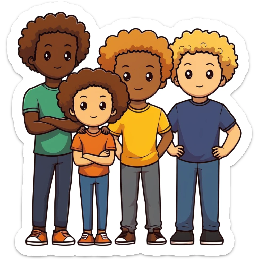 Group of diverse friends standing together, including a dark-skinned boy, a light-skinned blonde boy, a light-skinned girl with dark hair, a mixed-race girl with brown hair, a light-skinned person with curly hair, a mixed-race person with dark curly hair, and in the center a mixed-race person with wavy hair sticker