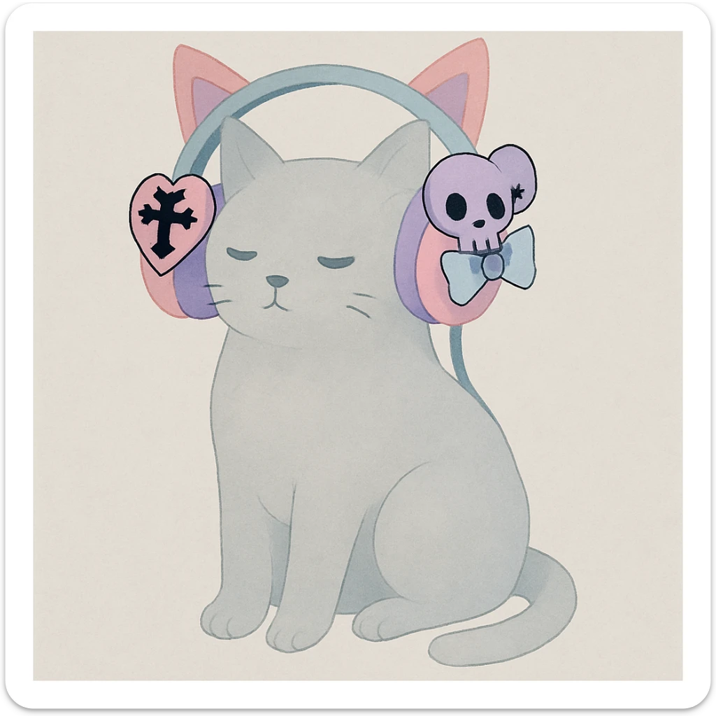 Add cute pastel goth hair clips to the cat ear headphones, keep the style and background as is. Maintain the original look and feel of the image. sticker
