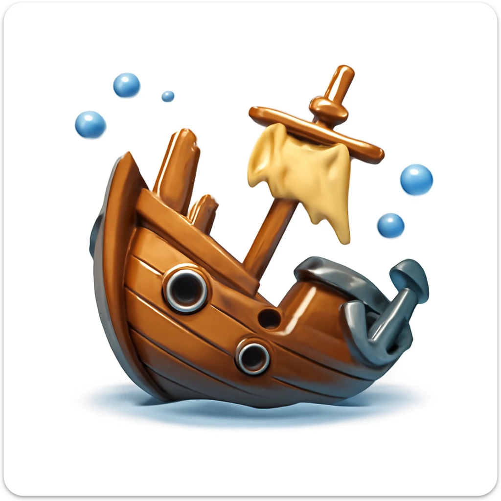 3D iPhone style emoji of a sunken shipwreck, metallic and wooden parts broken, lying underwater, surrounded by small bubbles, no trees, isolated on white background, soft shadows, high detail, playful and cute. sticker