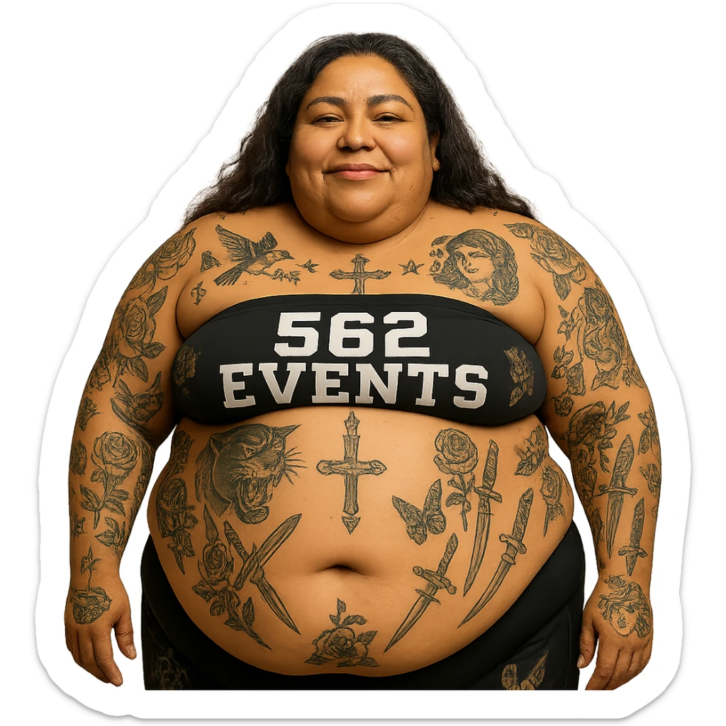 Add more visible tattoos to the extra large Mexican woman, keeping her stomach out and tube top that says '562 Events'. Preserve the transparent background. The style should match the original image's look and feel. sticker