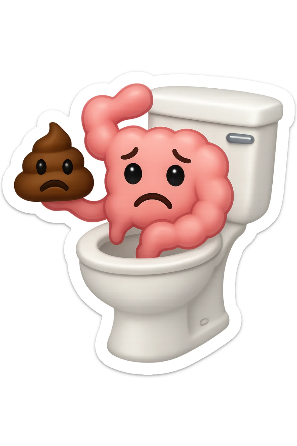 emoji stile iphone di un intestino che esce dal wc con in mano una montagnetta di feci con espressione triste a palline sticker
