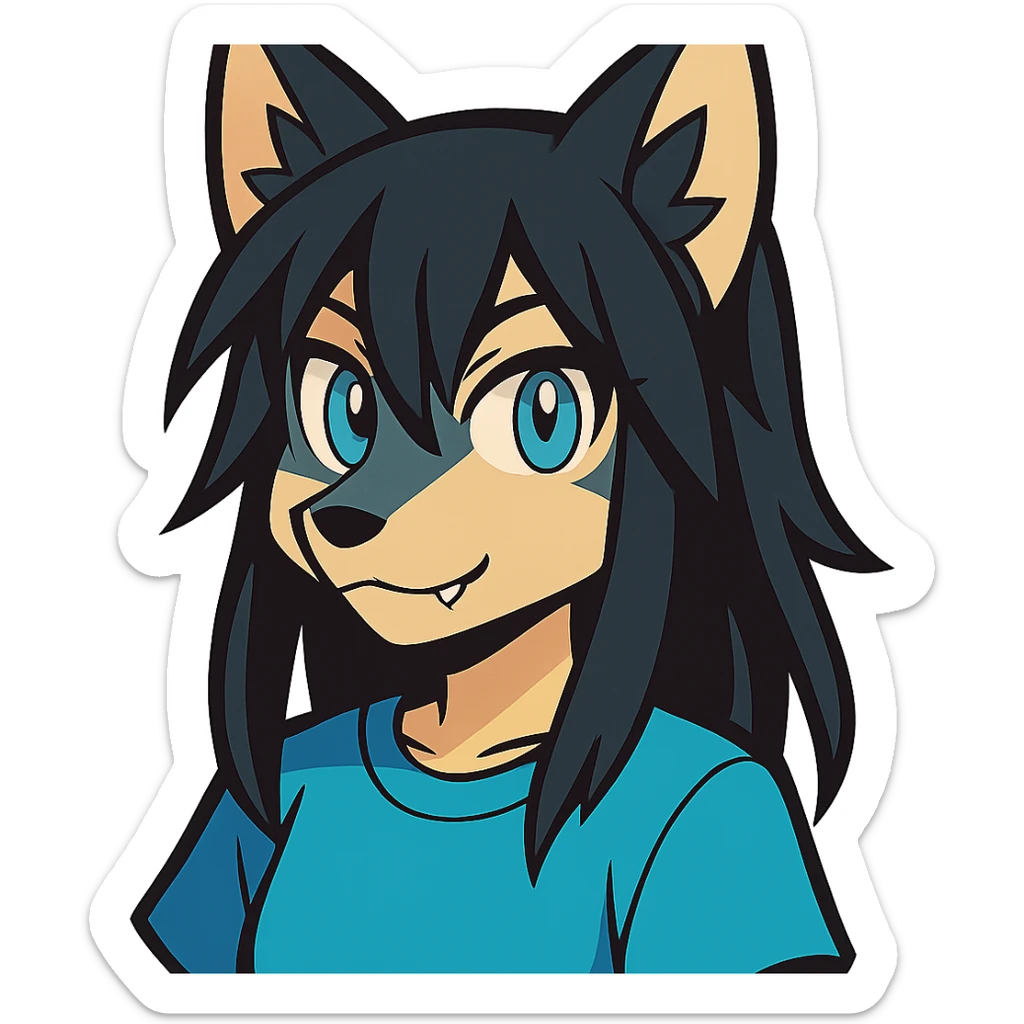 anime style wolf furry character with blue eyes, long black hair, wearing a light blue shirt sticker