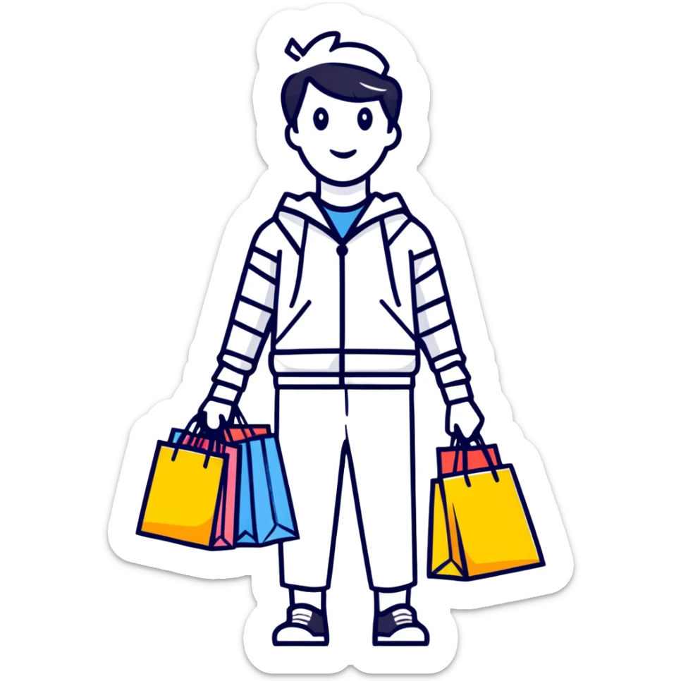 person surrounded by too many shopping bags, cartoon style sticker