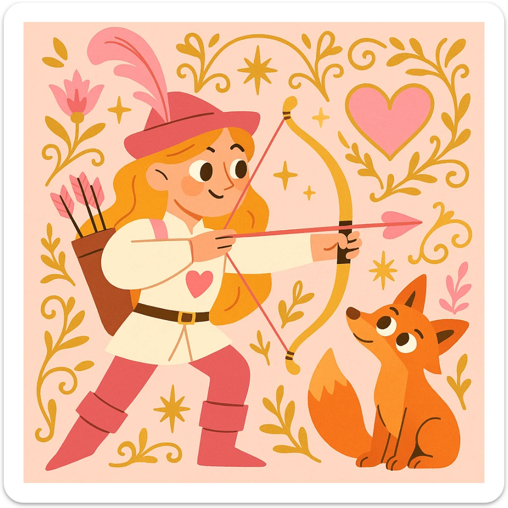 archer and fox together, ornate fairytale illustration, pink and gold accents, dreamy mood, inspired by 'Once Upon a Broken Heart' sticker