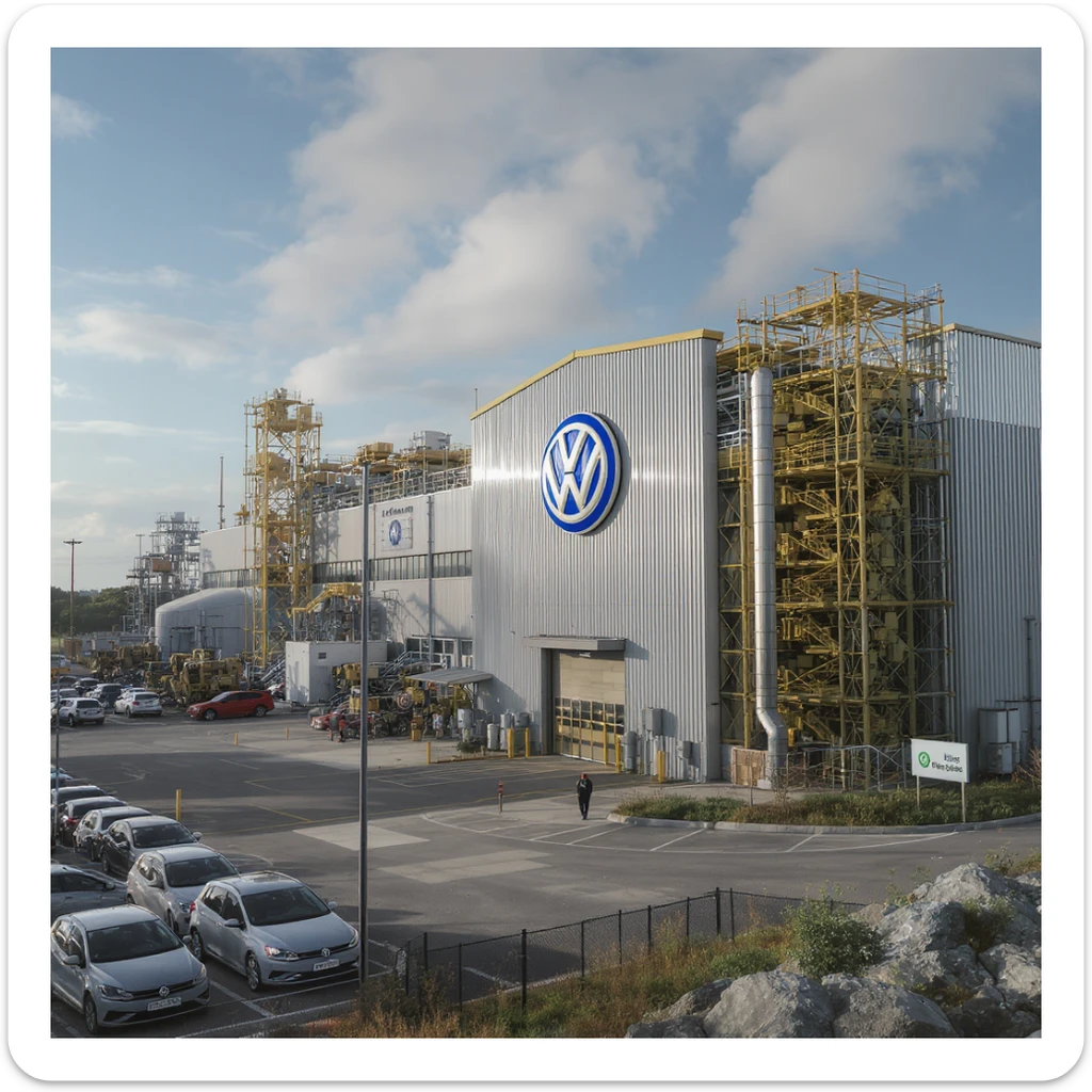 Realistic Volkswagen factory exterior, large industrial building with Volkswagen logo, parking lots filled with cars, factory grounds with machinery and equipment, realistic lighting and shadows, industrial atmosphere, workers in uniforms walking around, camouflage colors sticker