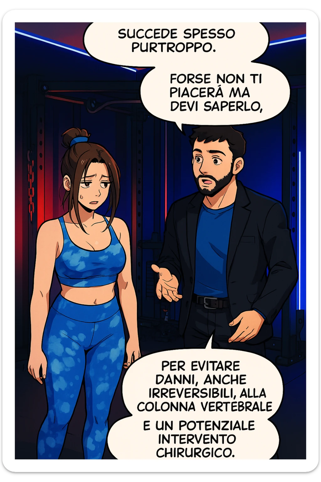 fai questa immagine in versione fumetto/manga/webtoon a colori, il manga mostra l'uomo che risponde alla donne:
Succede spesso purtroppo. 
Forse non ti piacerà ma devi saperlo, per evitare danni, anche irreversibili, alla colonna vertebrale e un potenziale intervento chirurgico. sticker