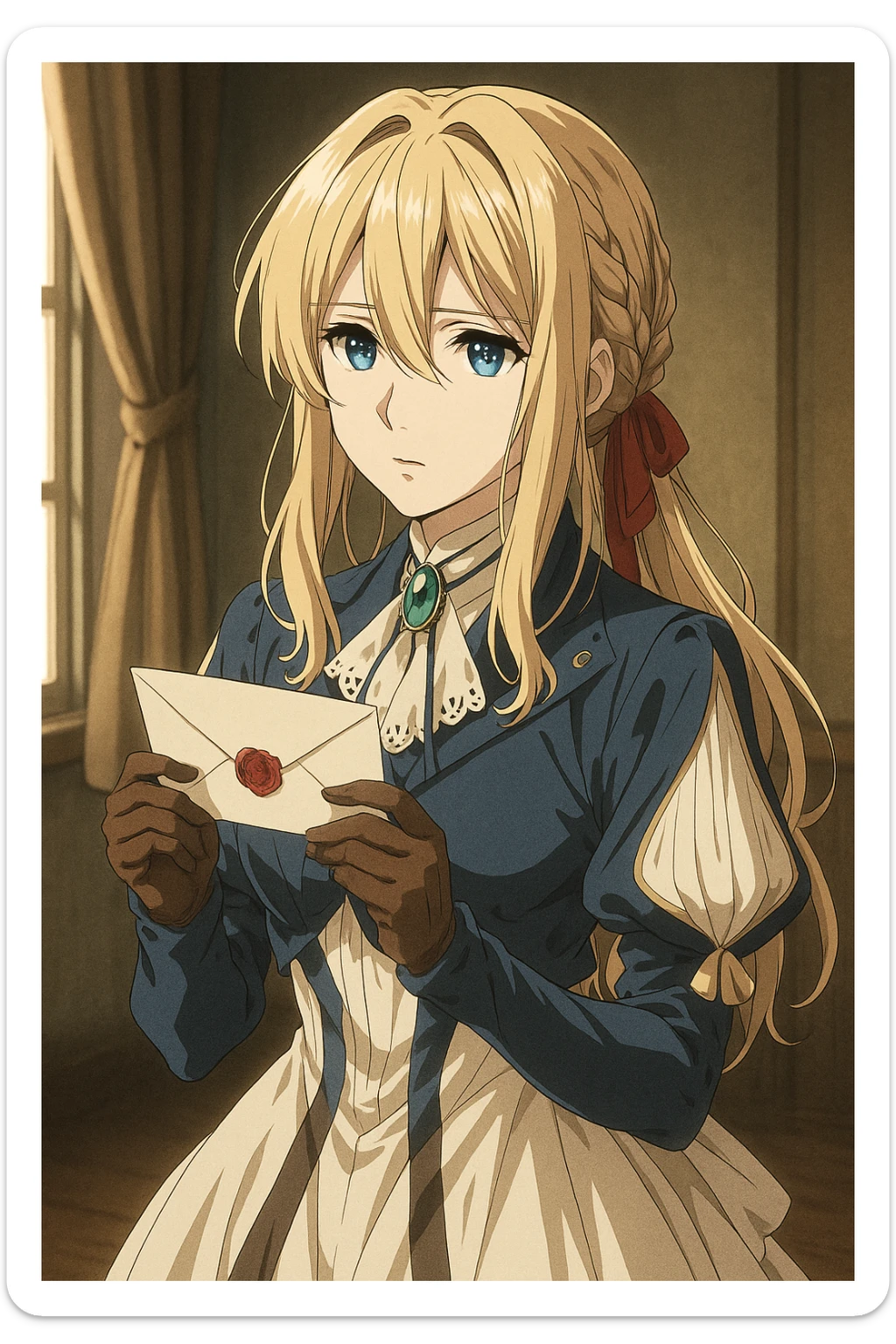 Violet Evergarden in her original anime art style, elegant girl with long blonde hair, blue eyes, blue and white dress with brooch, holding a letter, highly detailed and faithful to the anime sticker