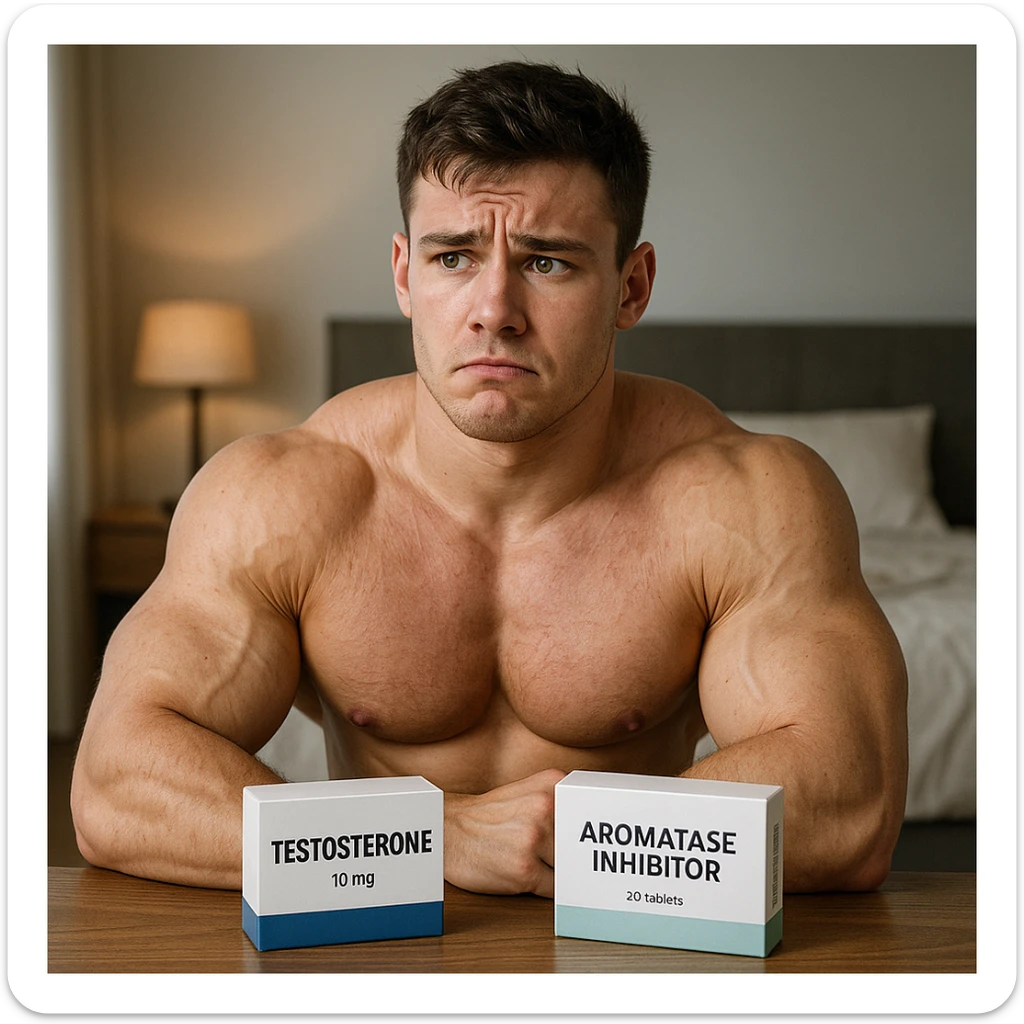 realistic muscular young man with box of testosterone and package of aromatase inhibitor on table, uncertain expression, swollen muscles but marked skin, bedroom background, 4K quality sticker