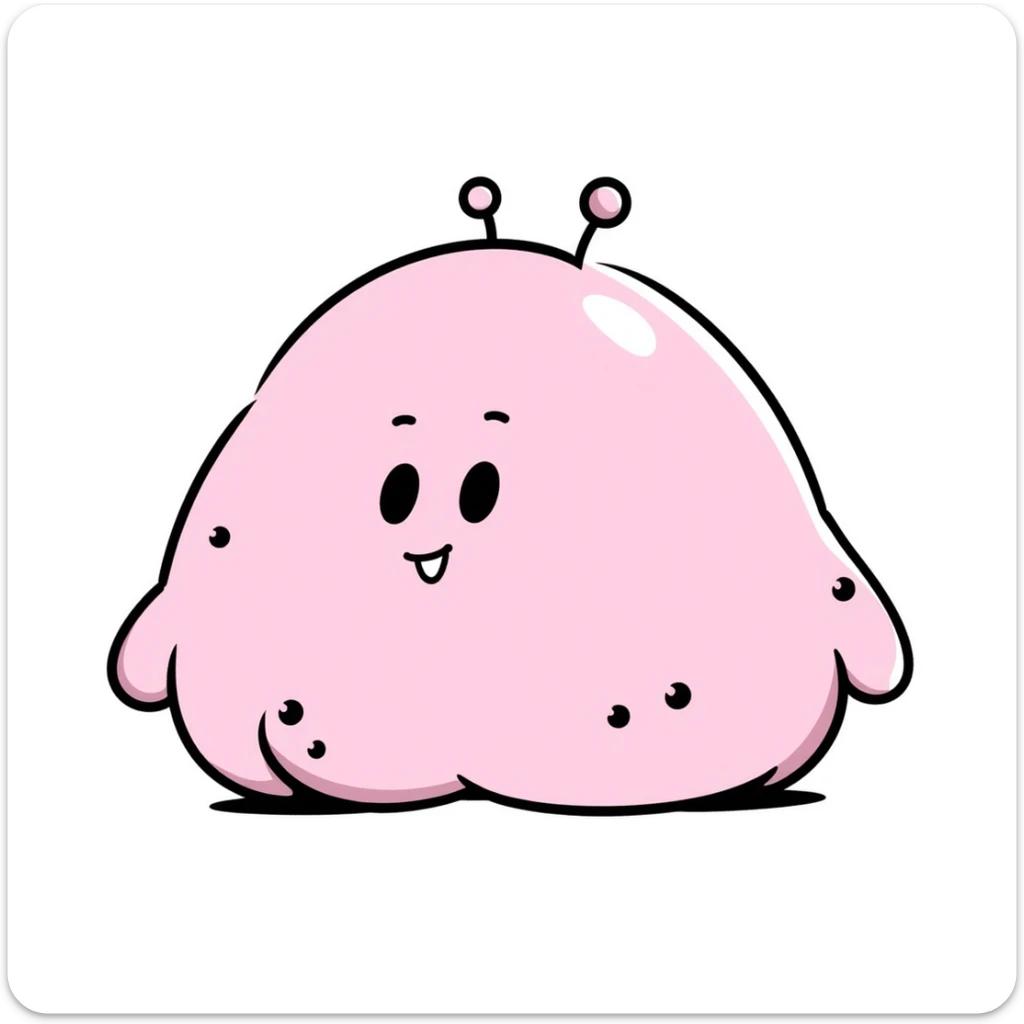 Majin Buu from Dragon Ball Z, pink blob monster with holes, antenna on head, mischievous smile sticker