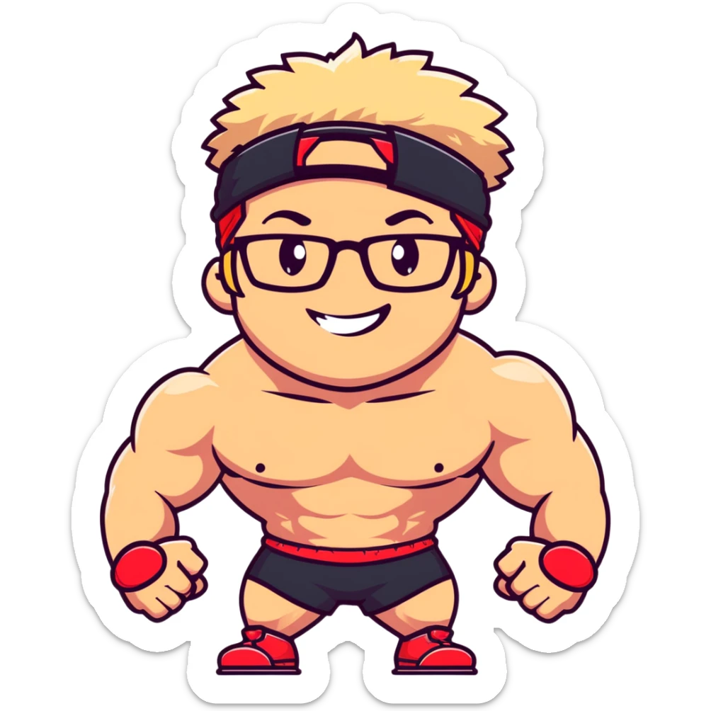 Man with black and white cap, shirtless muscular body, red shorts, clear glasses, messy light blond mullet hairstyle, flexing muscles and smiling sticker