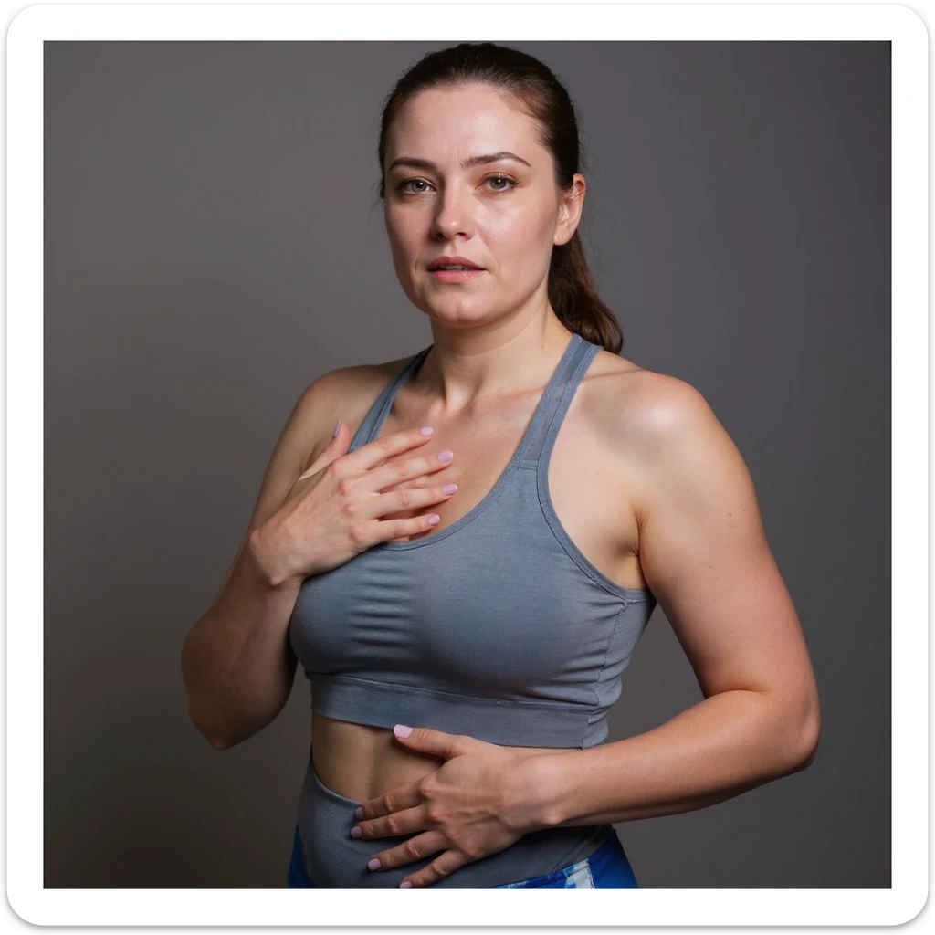 Realistic style woman in sportswear inspired by the reference photo, with one hand on her chest and the other on her belly, showing an expression of heartburn, neutral background. sticker